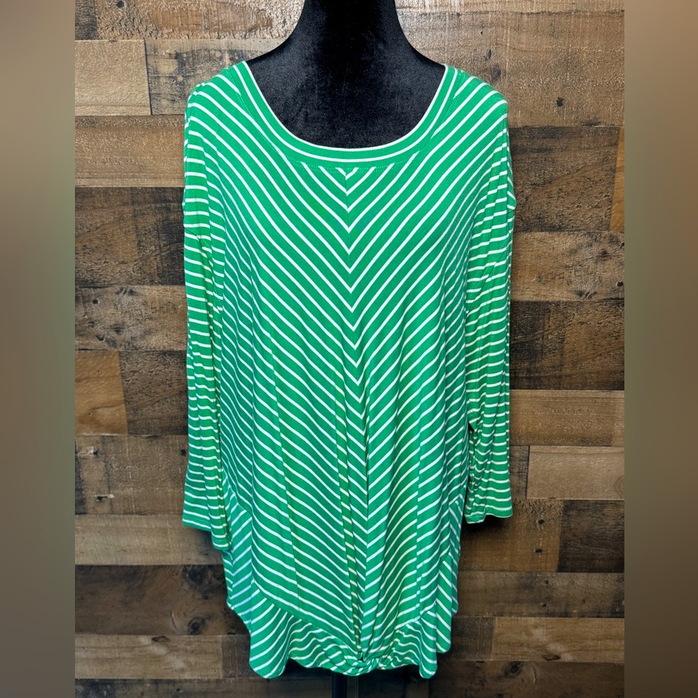 Sky’s The Limit Green White Striped Tie Blouse Shirt Top 3/4 Sleeve 3X
